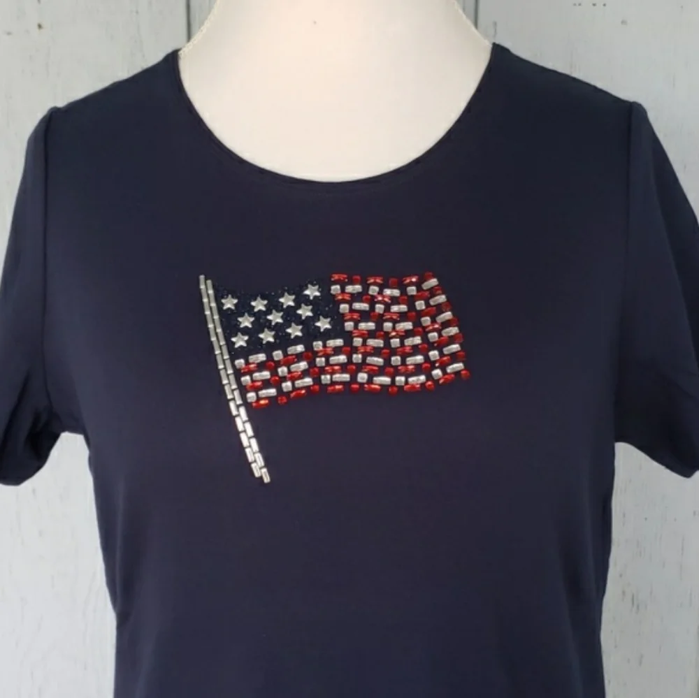 American Flag Tee 100% Cotton Americana 4th of July Rhinestone Patriotic (A) - Picture 9 of 9